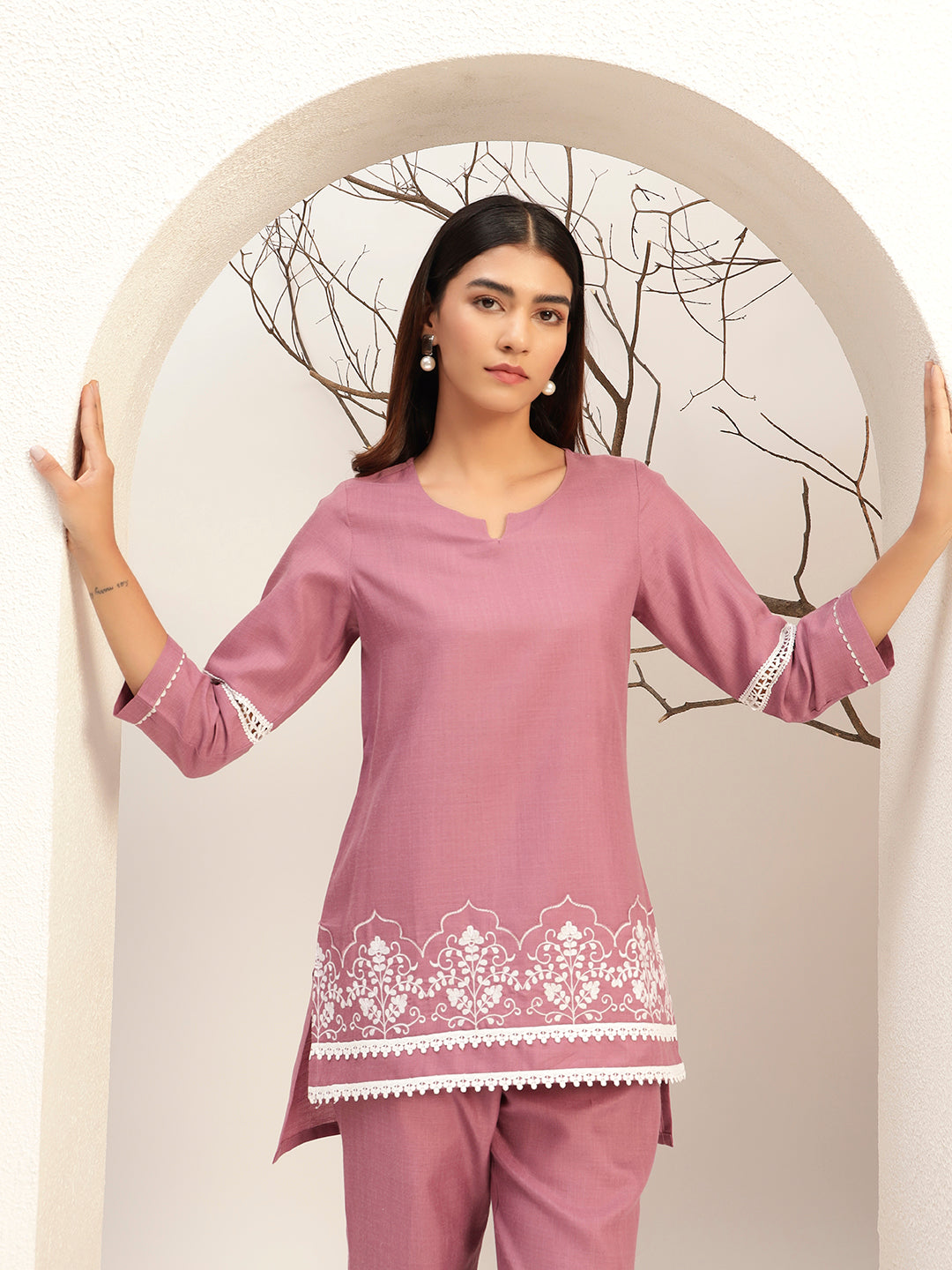Purple Color with Embroidery Round Neck Casual Tunic With Trouser Co-Ords Set
