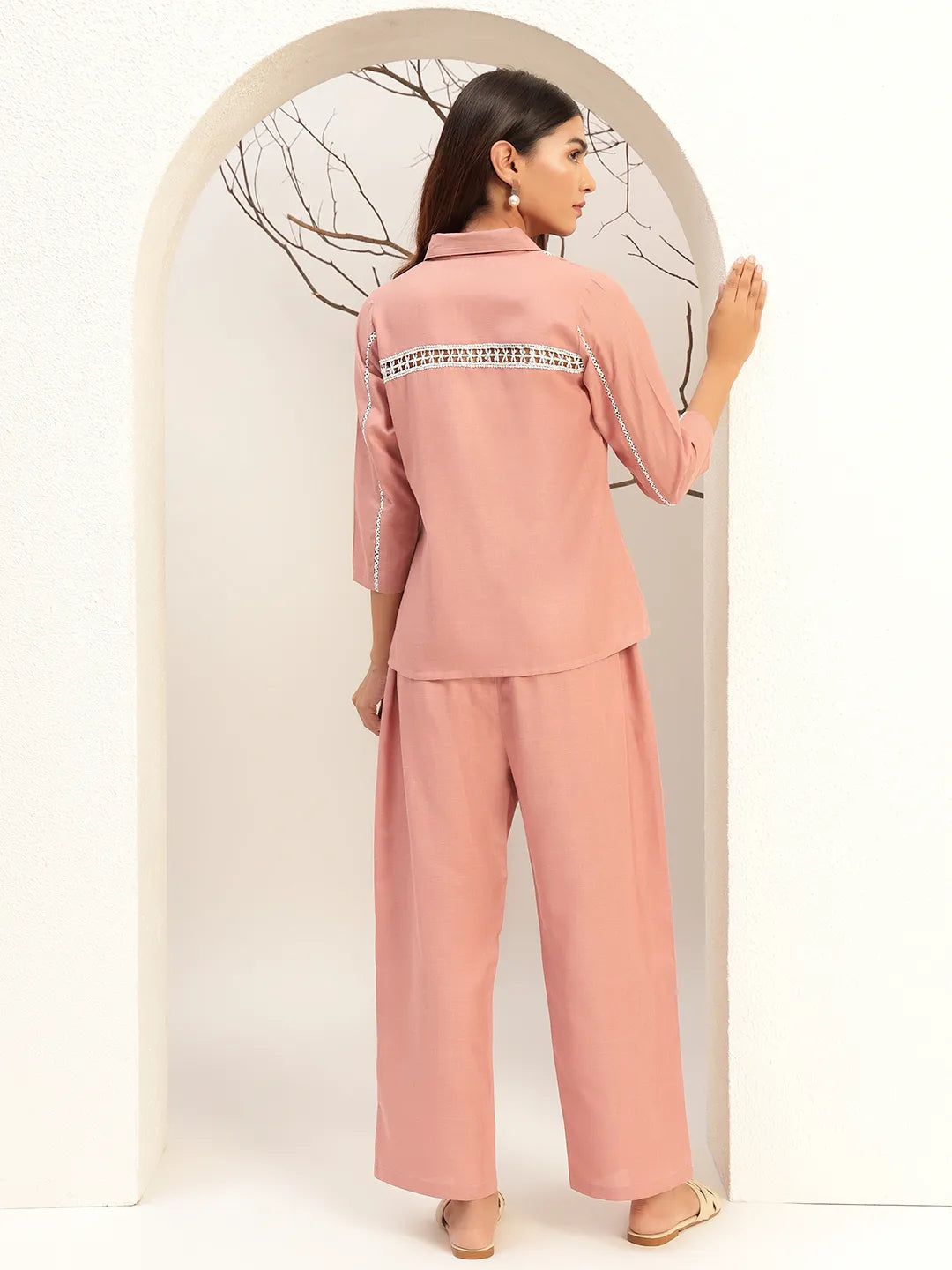 Pink Color Collar Neck Casual Tunic With Trouser Co-Ords Set
