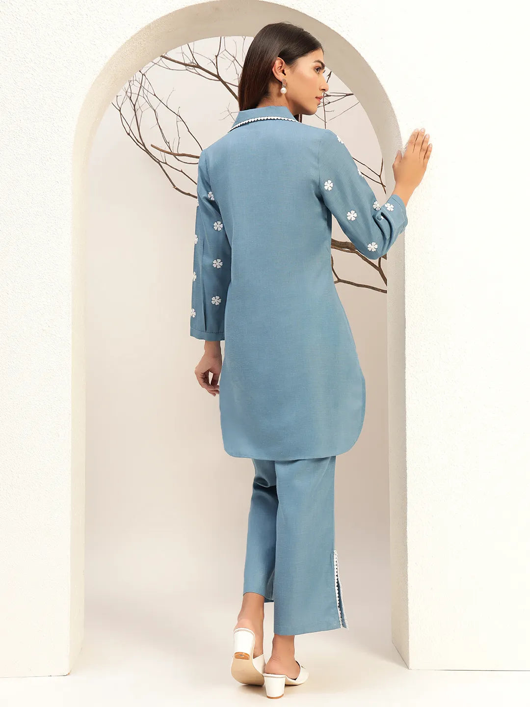 Blue Color With Collar Neck Casual Tunic With Trouser Co-Ords Set