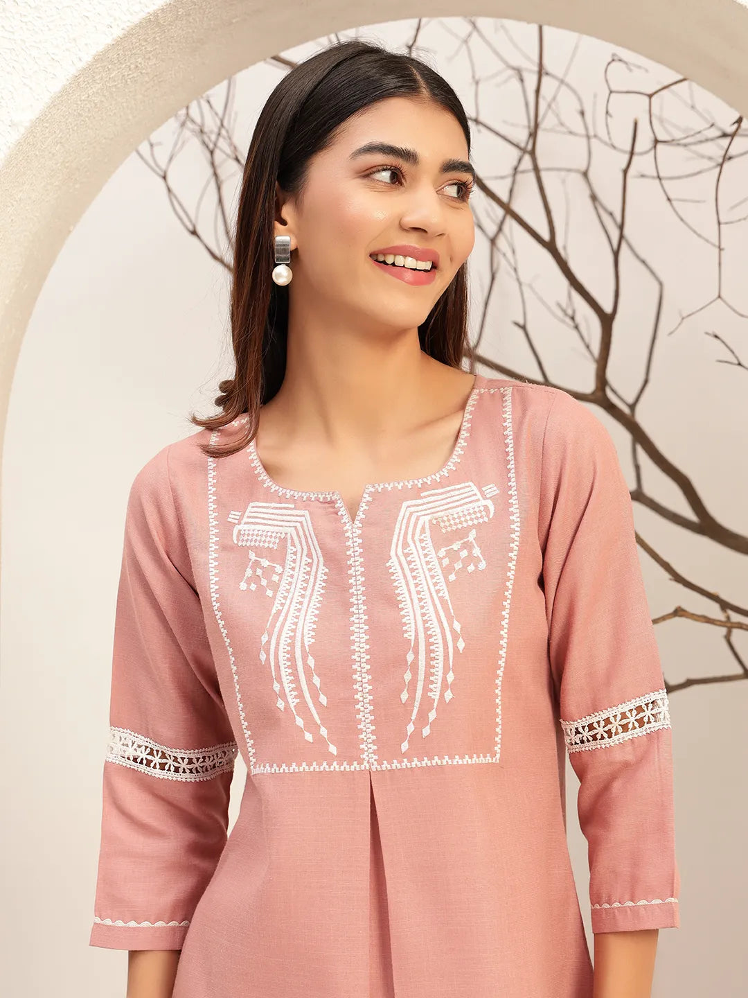 Pink Color With Embroidery Round Neck Casual Tunic With Trouser Co-Ords Set