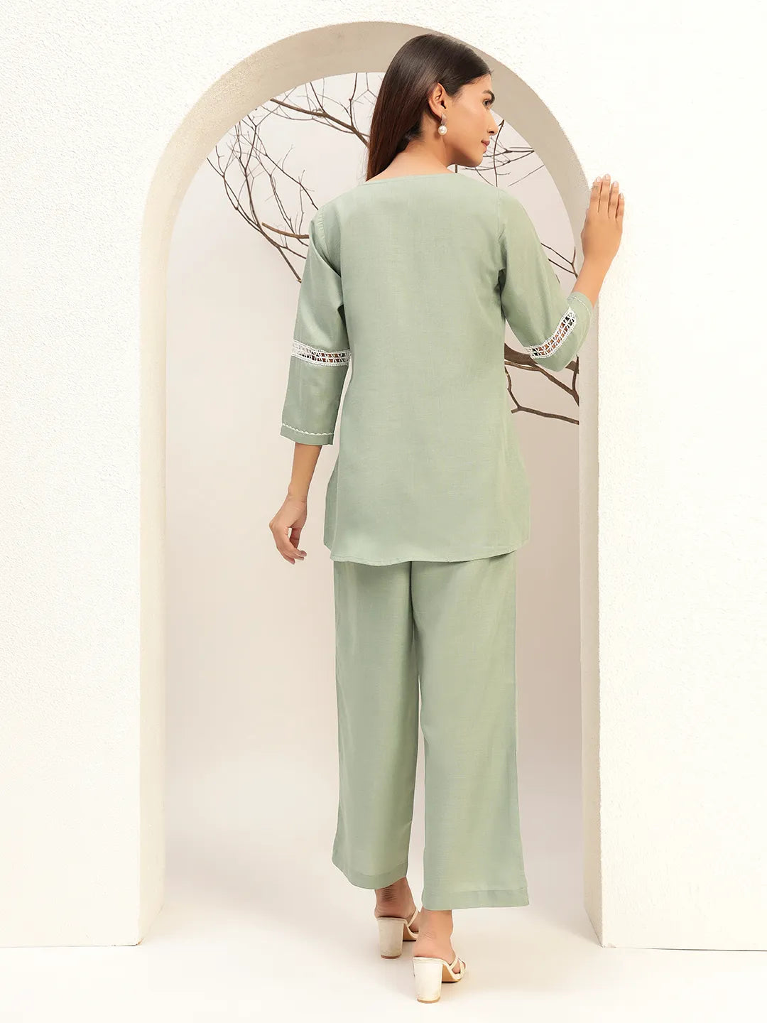 Green Color With Embroidery Round Neck Casual Tunic With Trouser Co-Ords Set