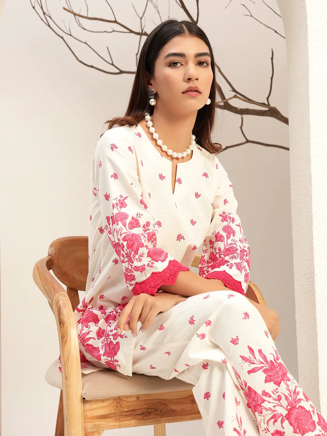Floral Printed Round Neck Tunic With Trouser Co-Ords Set