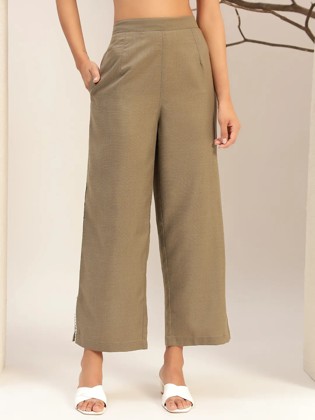 Olive Color With Collar Neck Casual Tunic With Trouser Co-Ords Set