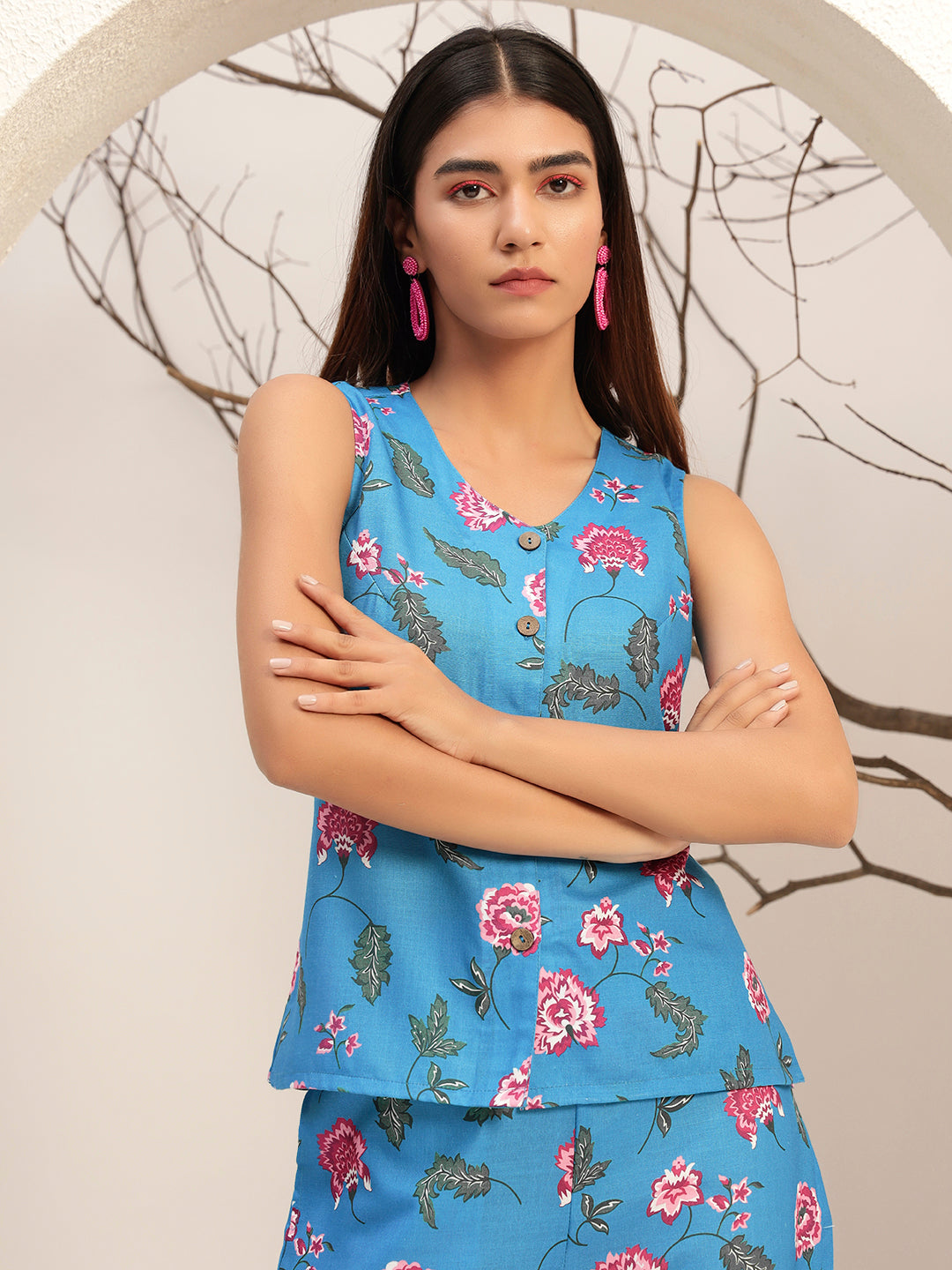 Blue Printed with V-Neck Caual Tunic with Trouser Co-Ords Set