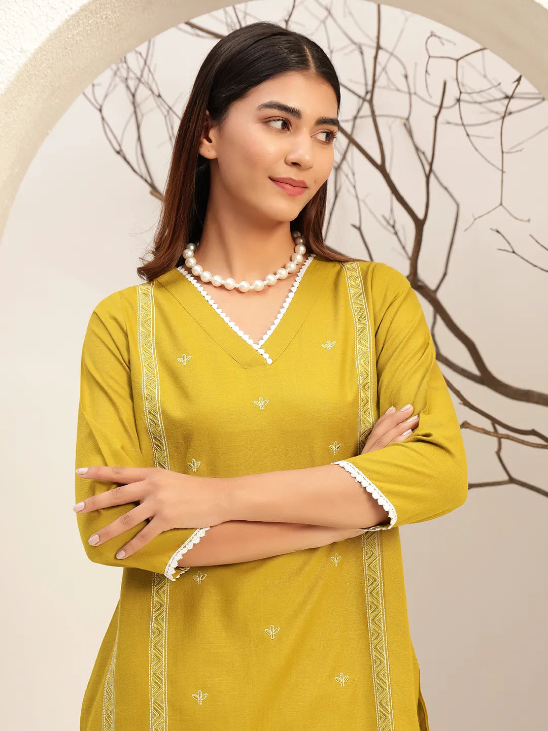 Lime Green Color V-Neck Casual Tunic With Trouser Co-Ords Set