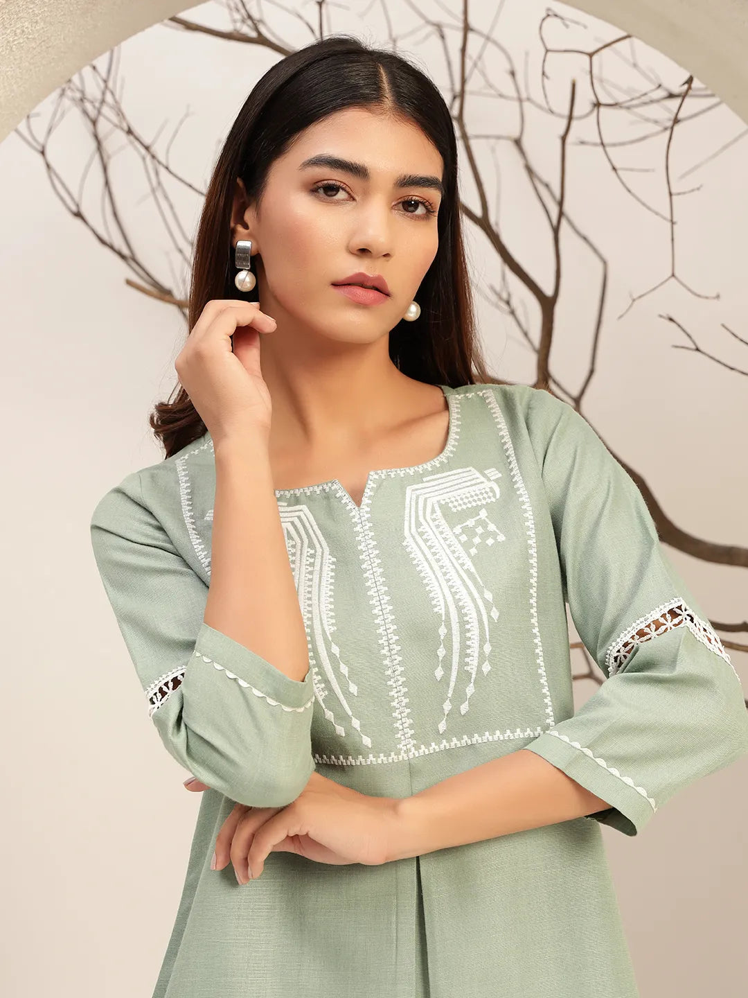 Green Color With Embroidery Round Neck Casual Tunic With Trouser Co-Ords Set