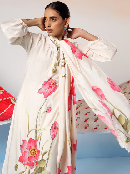 Nilofar Muslin Off-White Printed Kurta Set