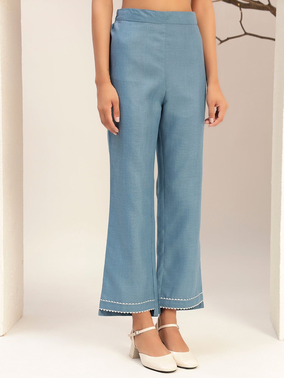 Blue Color with Embroidery Round Neck Caual Tunic with Trouser Co-Ords Set
