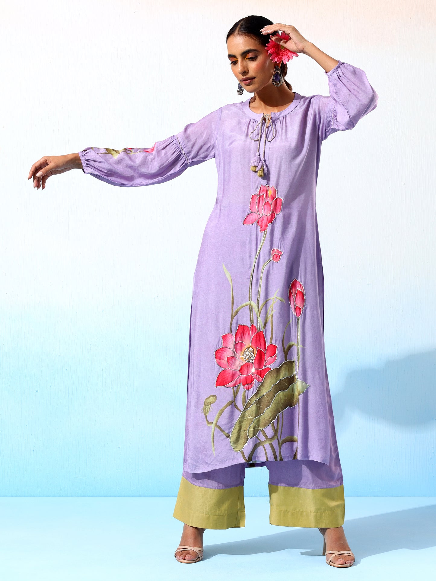 Nilofar Muslin Lavender Printed Kurta Set