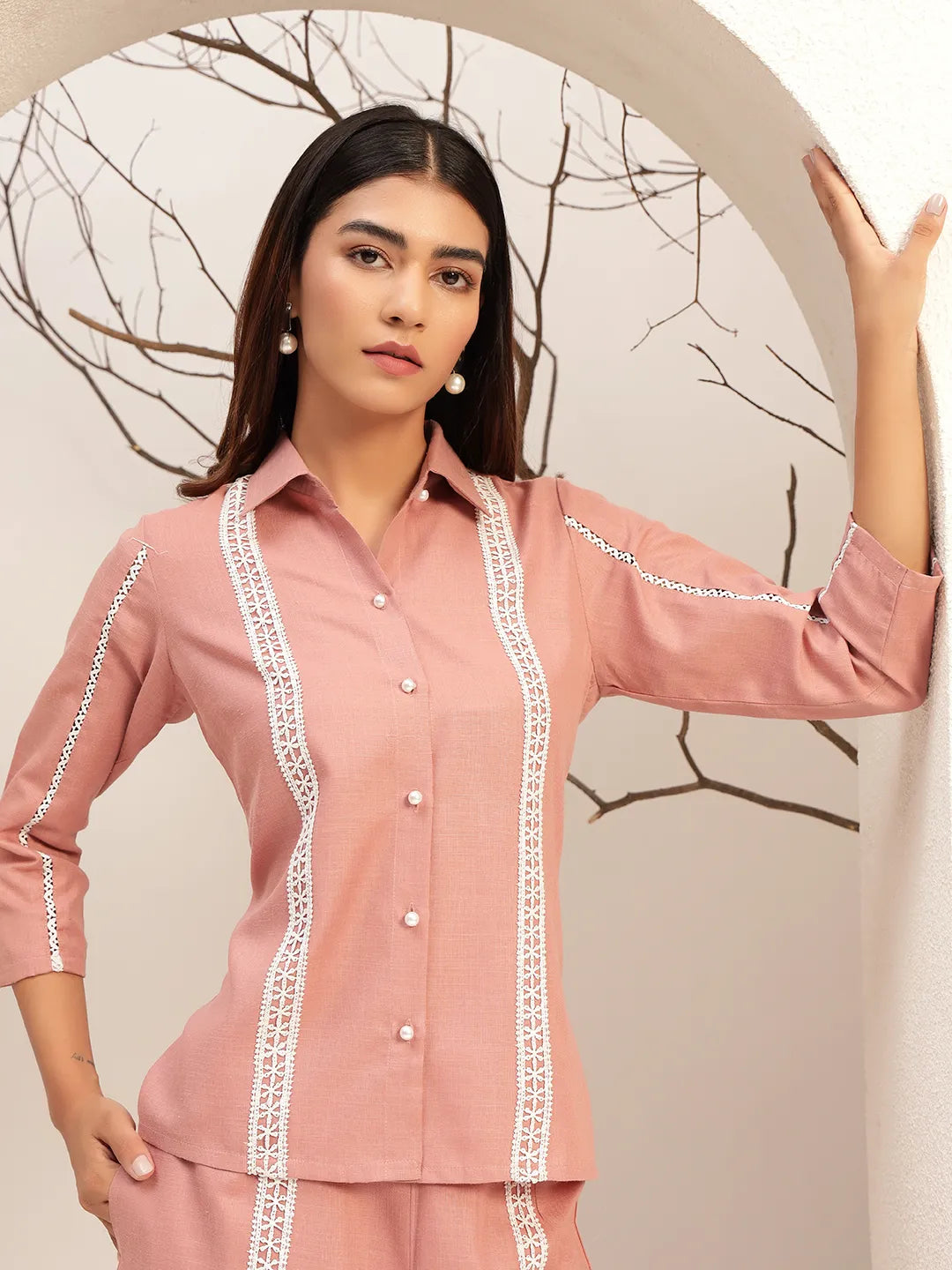 Pink Color Collar Neck Casual Tunic With Trouser Co-Ords Set