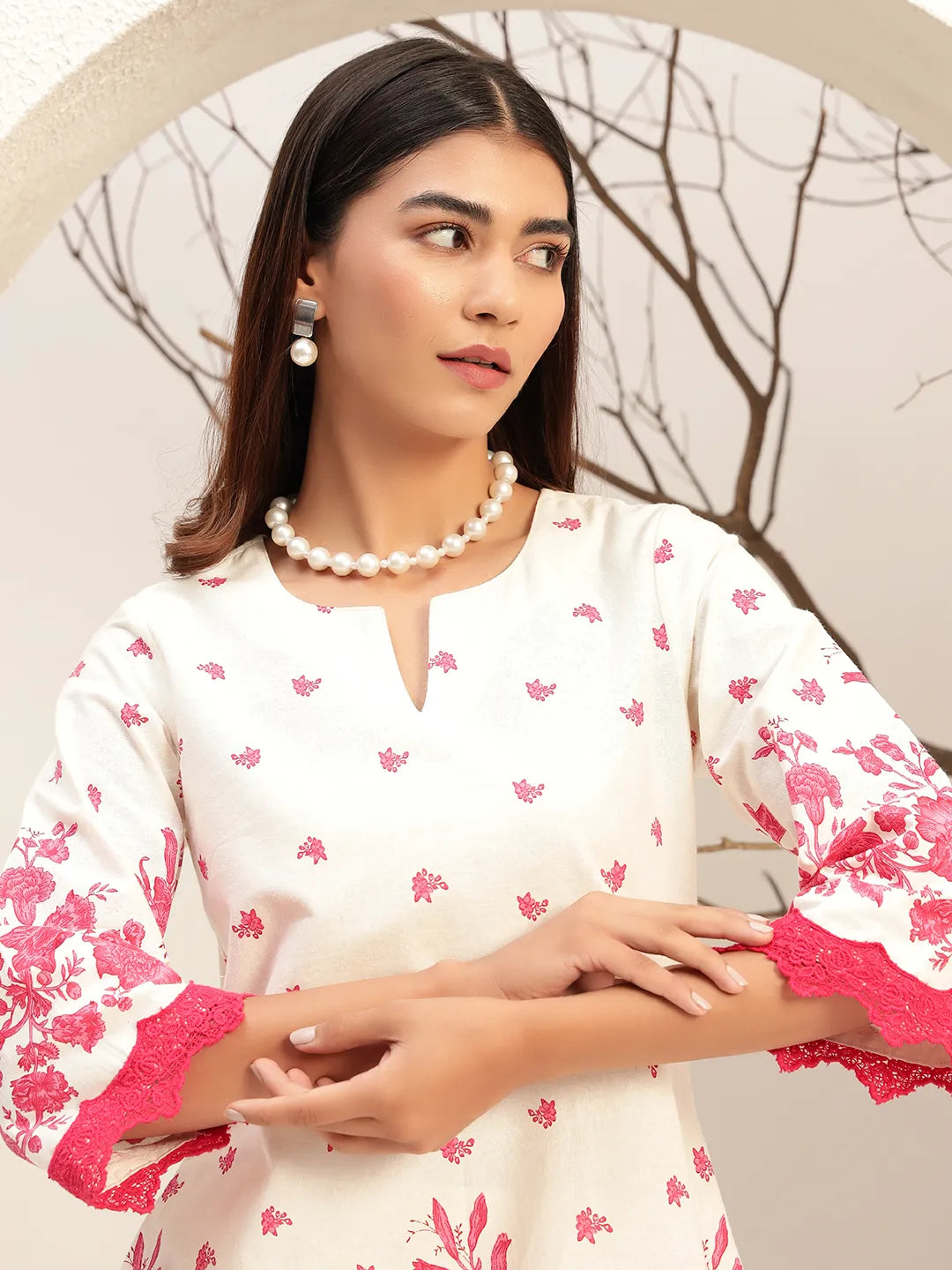 Floral Printed Round Neck Tunic With Trouser Co-Ords Set