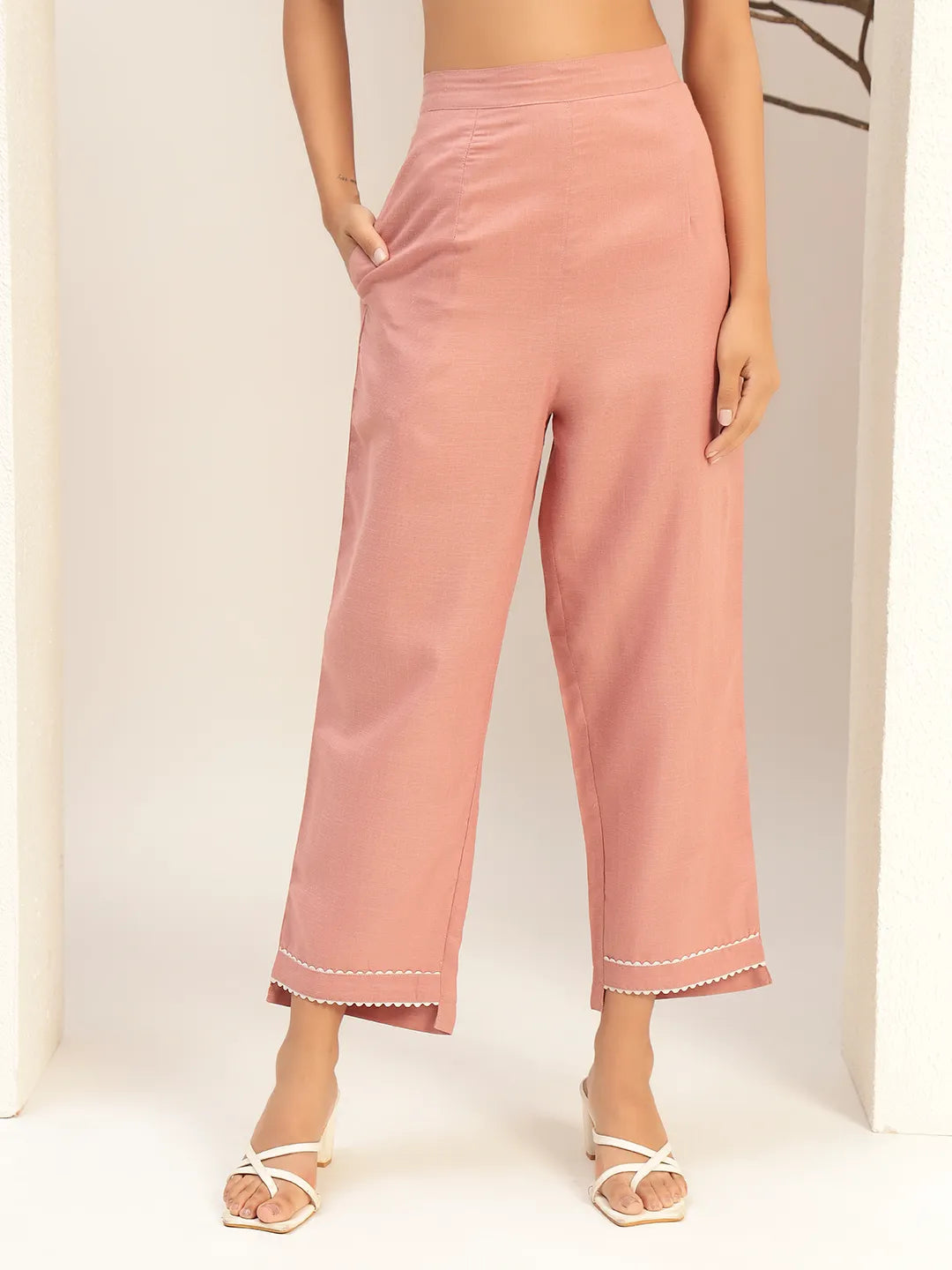 Pink Color With Embroidery Round Neck Casual Tunic With Trouser Co-Ords Set