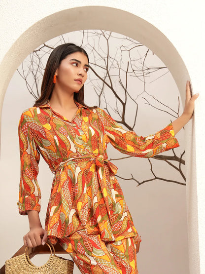 Multi Color Floral Printed Caller Neck Casual Tunic With Trouser Co-Ords Set