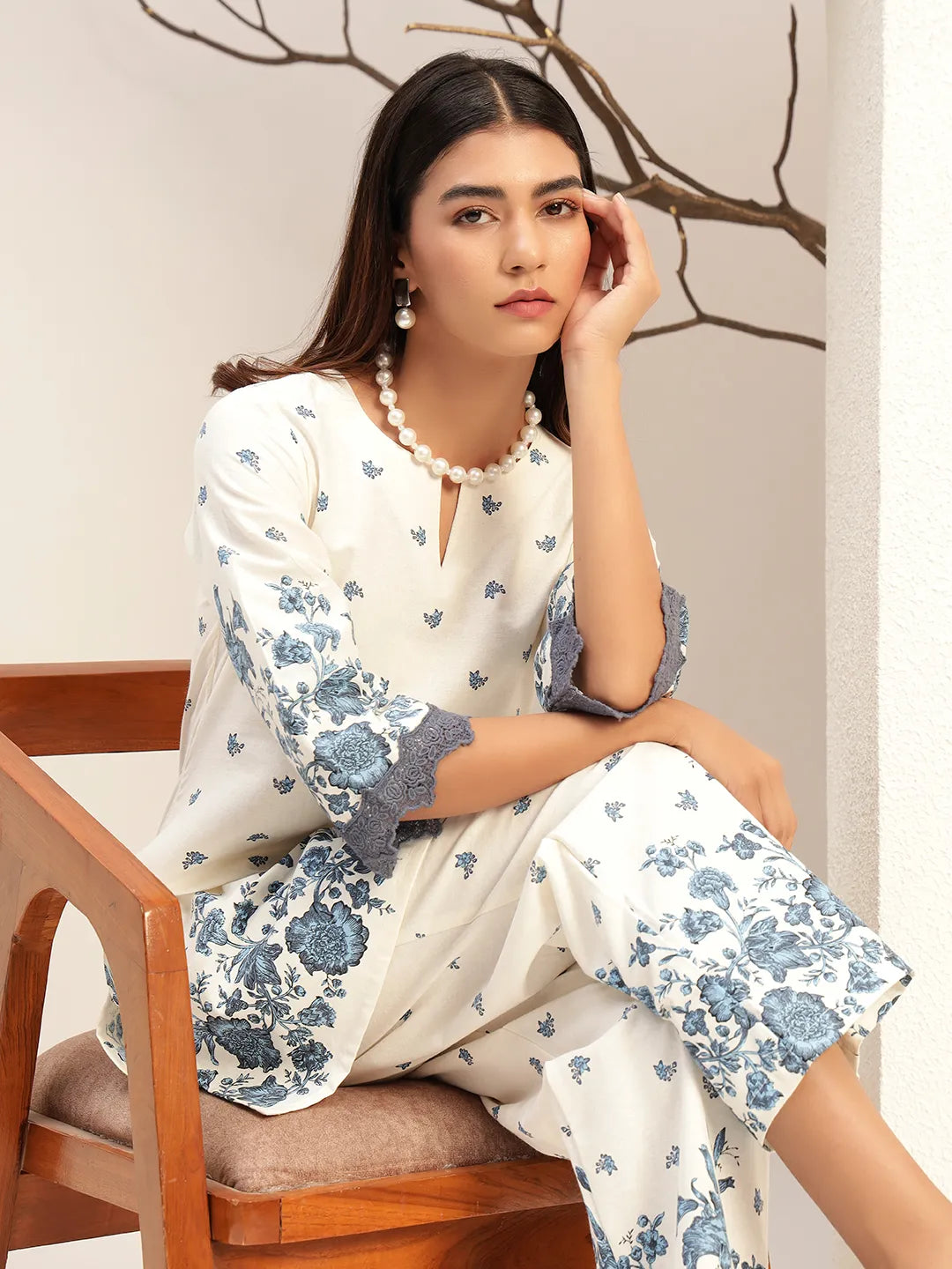 Floral Printed Round Neck Tunic With Trouser Co-Ords Set