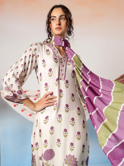 Laila Muslin Purple Floral Printed Kurta Set