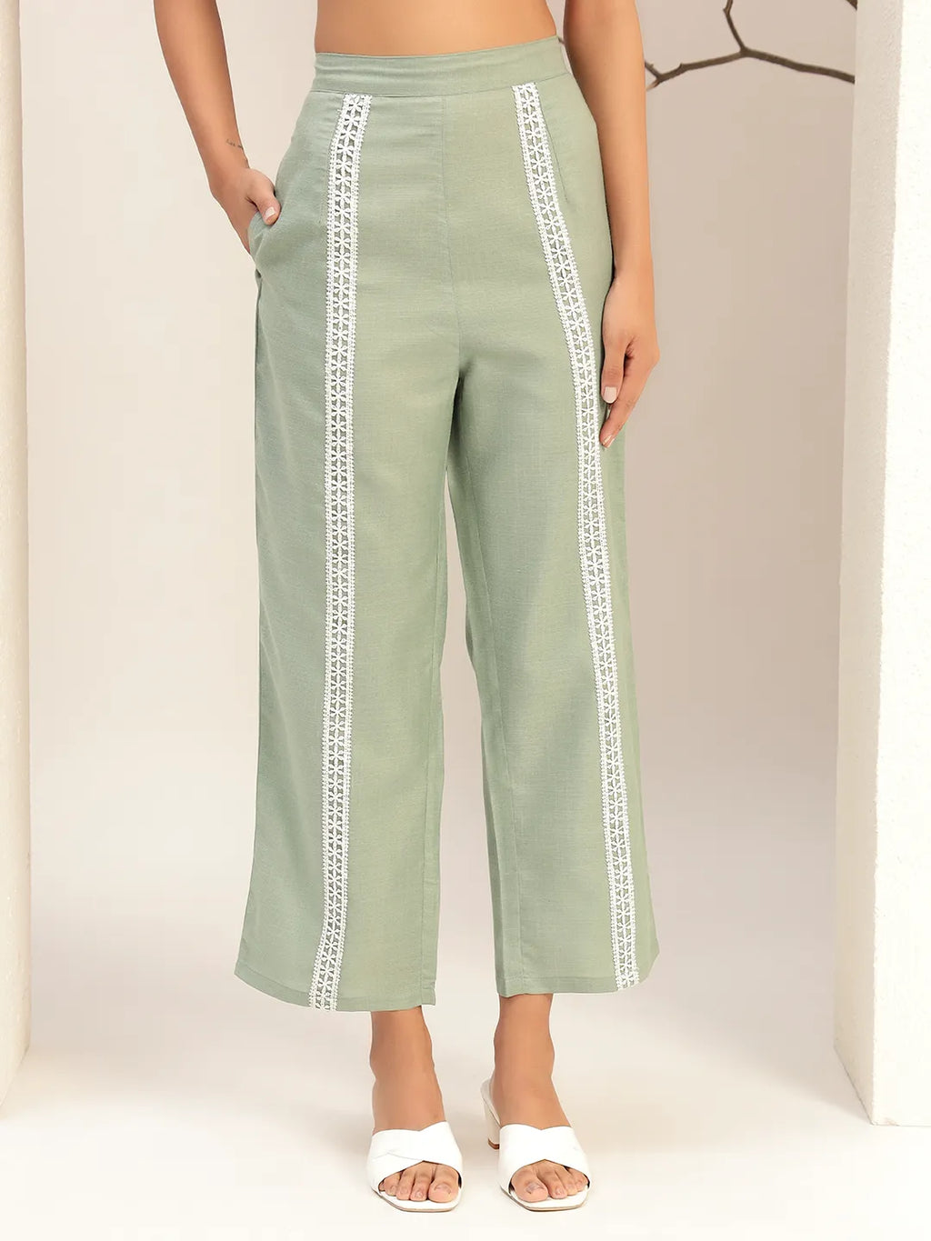 Green Color Collar Neck Casual Tunic With Trouser Co-Ords Set