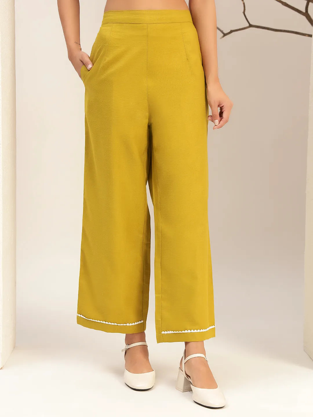 Lime Green Color V-Neck Casual Tunic With Trouser Co-Ords Set