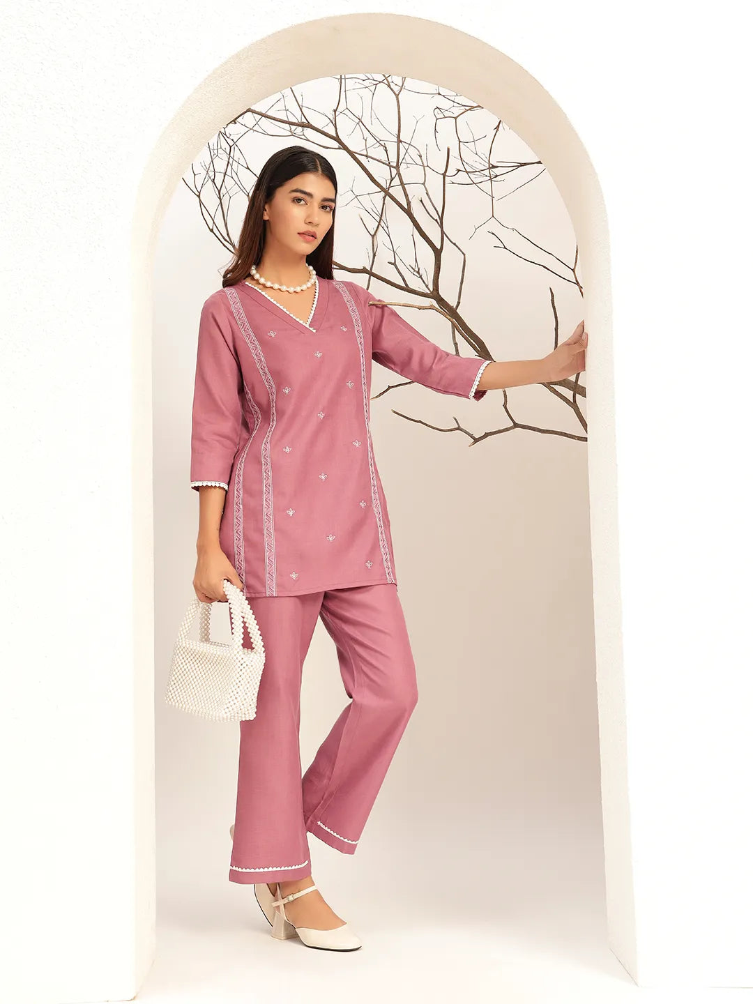 Purple Color V-Neck Casual Tunic With Trouser Co-Ords Set
