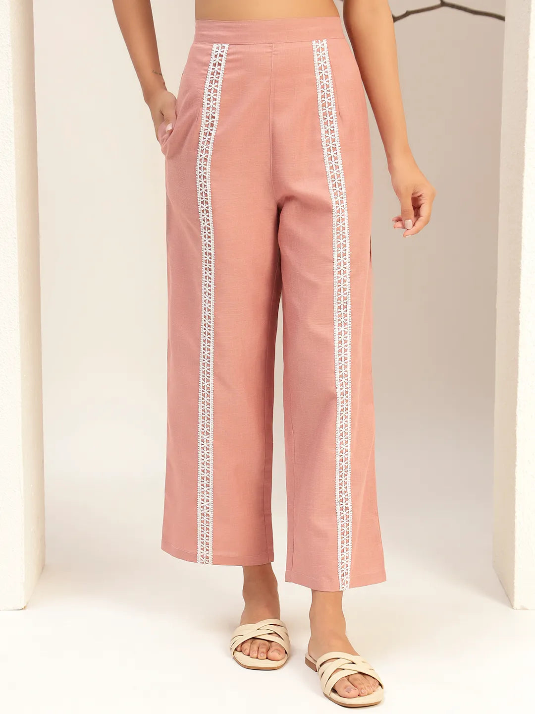 Pink Color Collar Neck Casual Tunic With Trouser Co-Ords Set