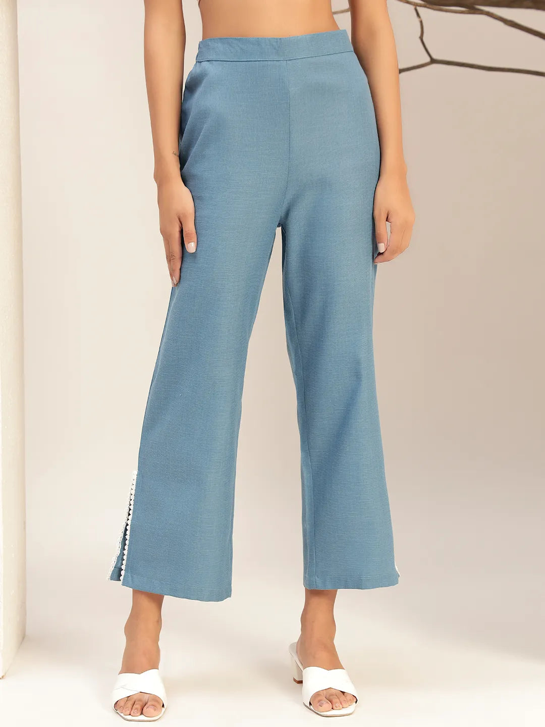 Blue Color With Collar Neck Casual Tunic With Trouser Co-Ords Set