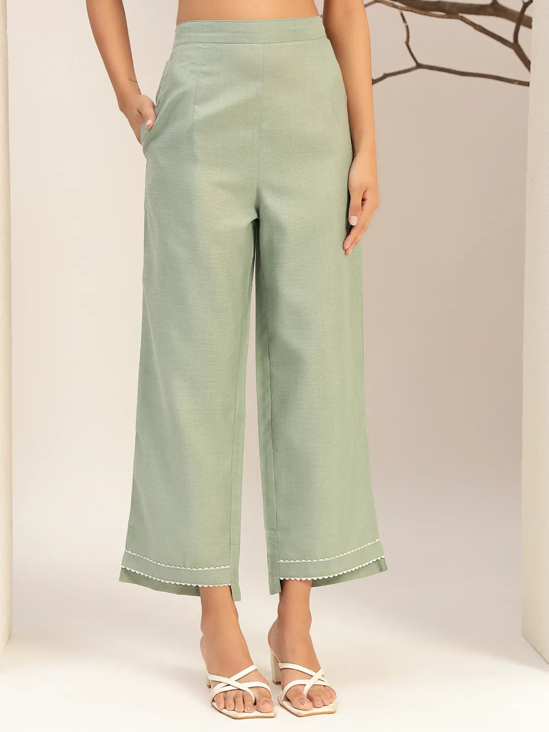 Green Color With Embroidery Round Neck Casual Tunic With Trouser Co-Ords Set