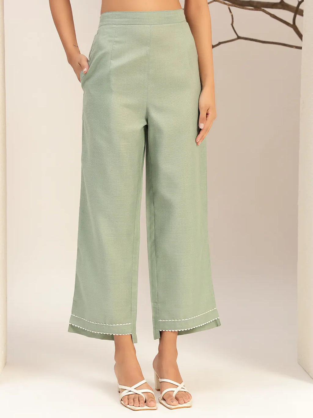 Green Color With Embroidery Round Neck Casual Tunic With Trouser Co-Ords Set