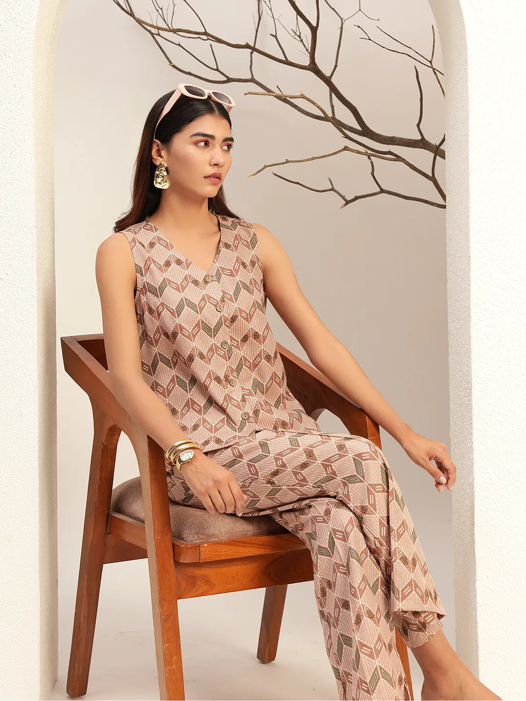 Printed with V-Neck Causal Tunic & Trouser With Waistcoat Co-Ords