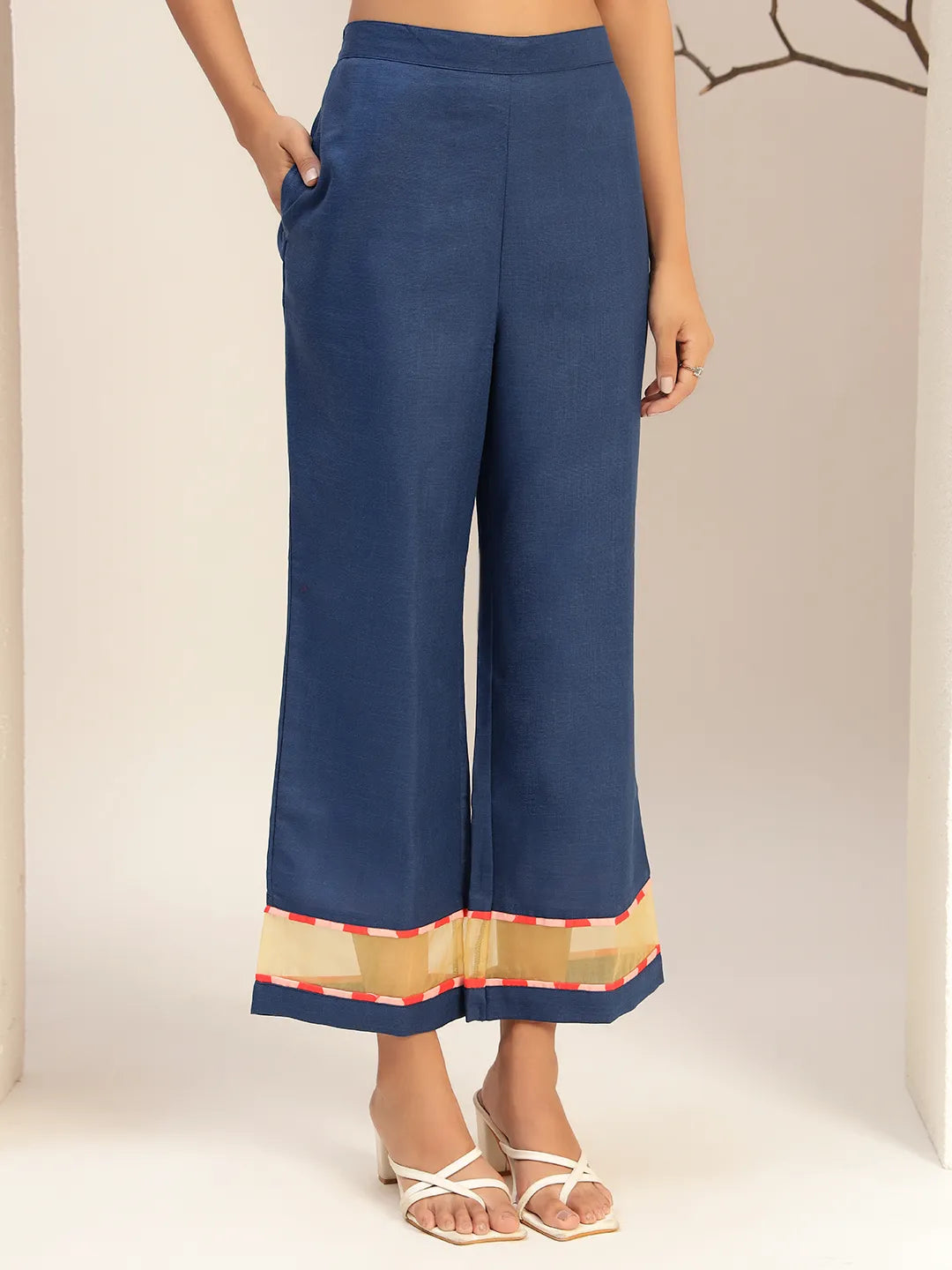 Blue Floral Striped Printed Caller Neck Casual Tunic With Trouser Co-Ords Set