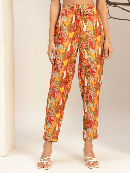 Multi Color Floral Printed Caller Neck Casual Tunic With Trouser Co-Ords Set