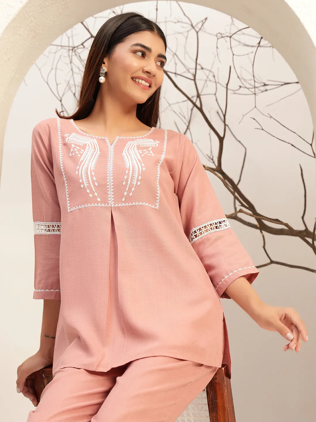 Pink Color With Embroidery Round Neck Casual Tunic With Trouser Co-Ords Set
