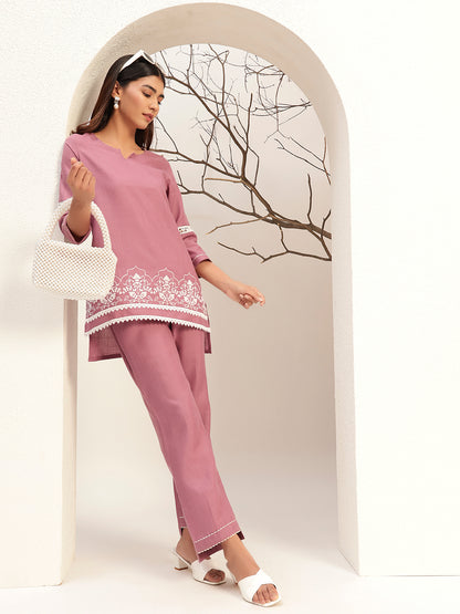 Purple Color with Embroidery Round Neck Casual Tunic With Trouser Co-Ords Set