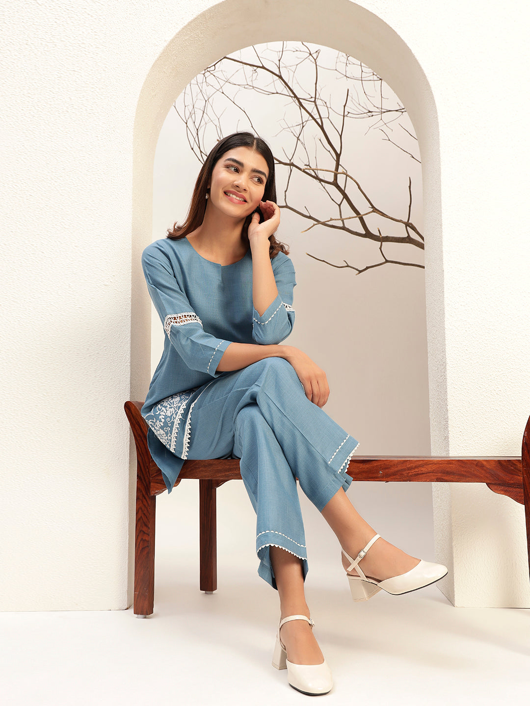 Blue Color with Embroidery Round Neck Casual Tunic With Trouser Co-Ords Set