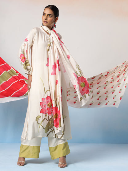 Nilofar Muslin Off-White Printed Kurta Set