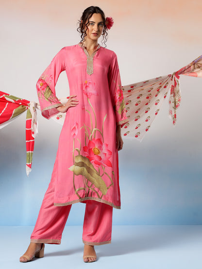 Leela Muslin Pink Floral Printed Kurta Set