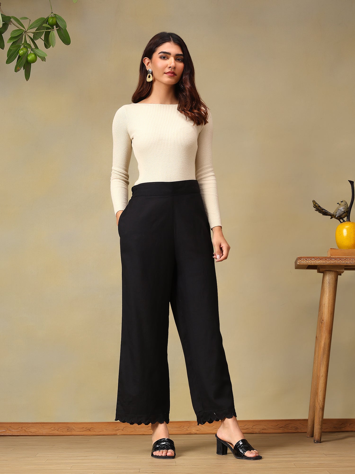 Black Scalloped-Hem Trousers