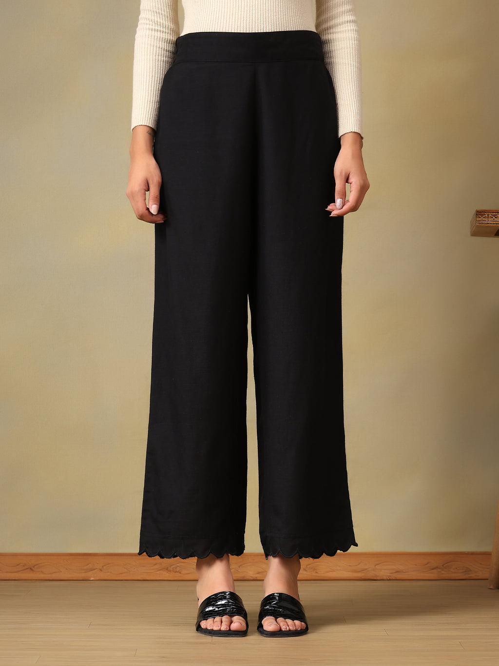 Black Scalloped-Hem Trousers