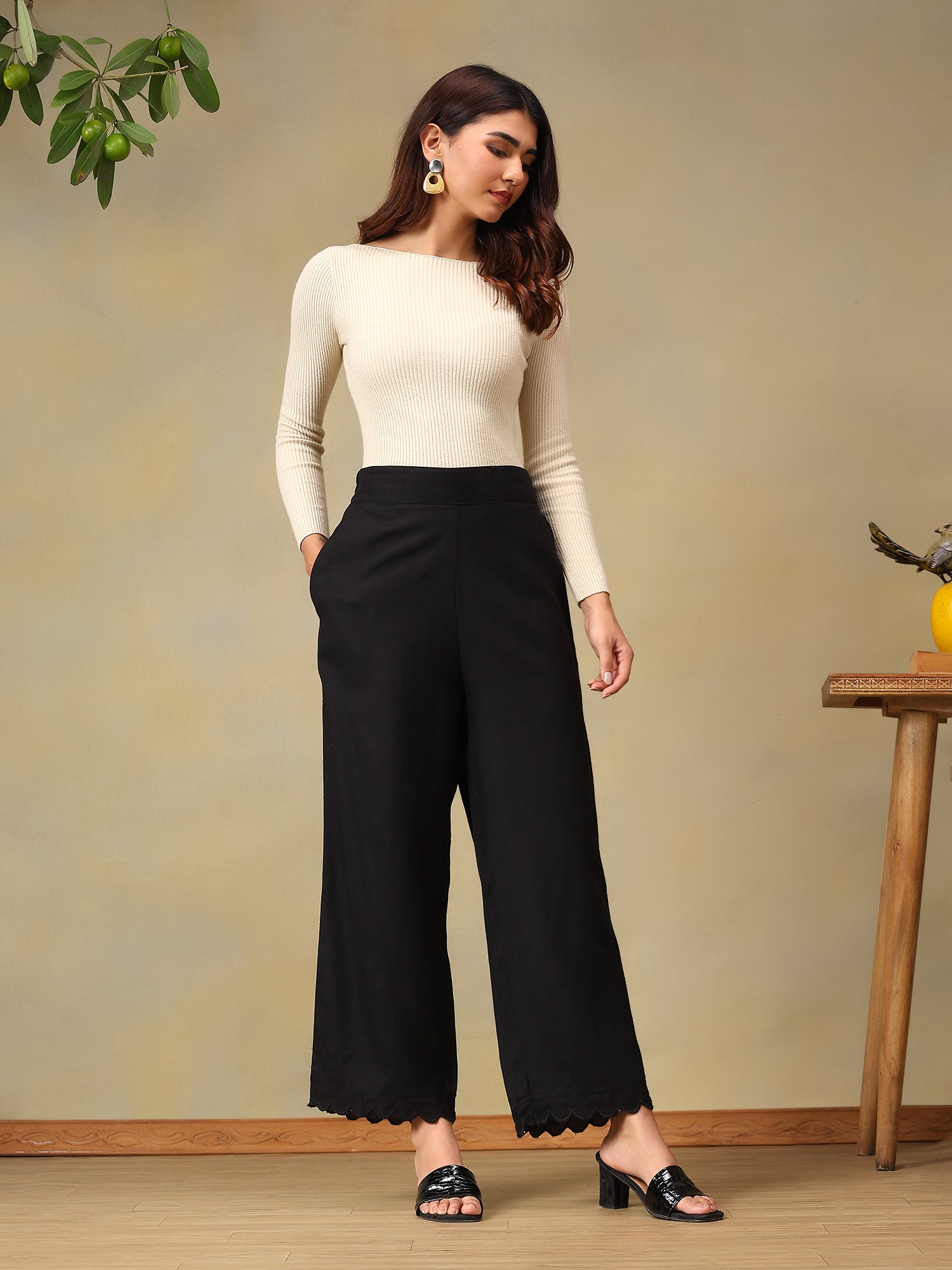 Black Scalloped-Hem Trousers