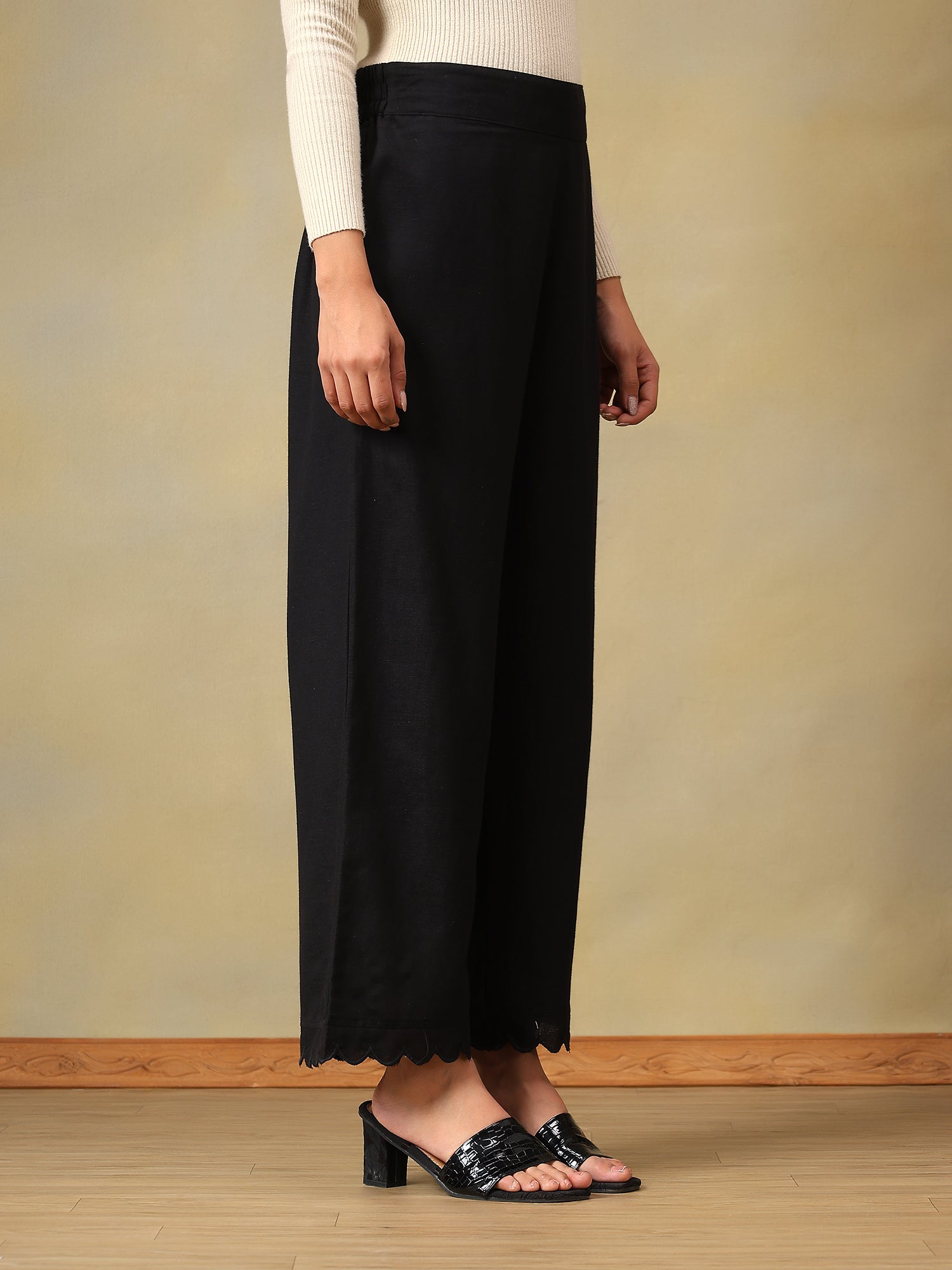 Black Scalloped-Hem Trousers