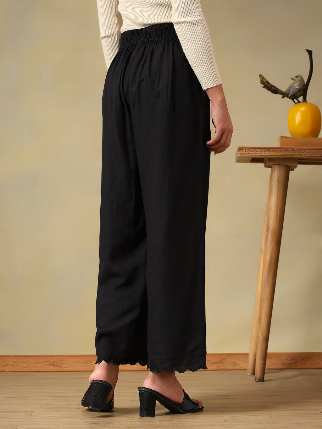 Black Scalloped-Hem Trousers