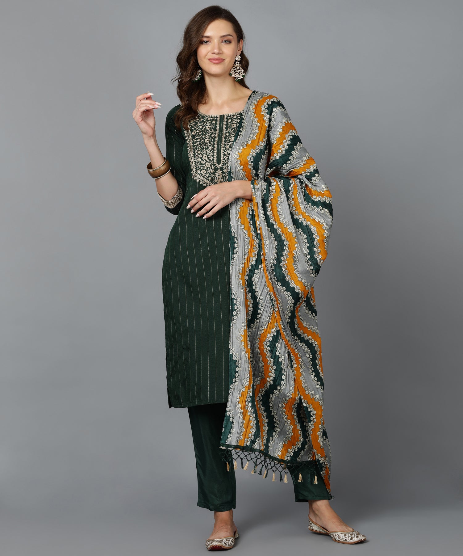 Bani Women Yoke Design Kurta Pant Set with Dupatta Green