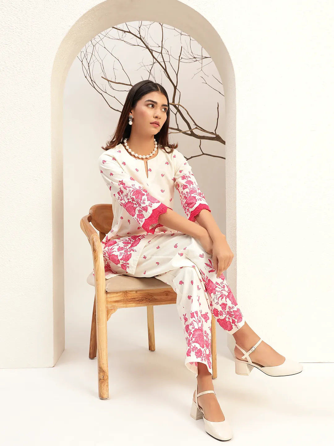 Floral Printed Round Neck Tunic With Trouser Co-Ords Set