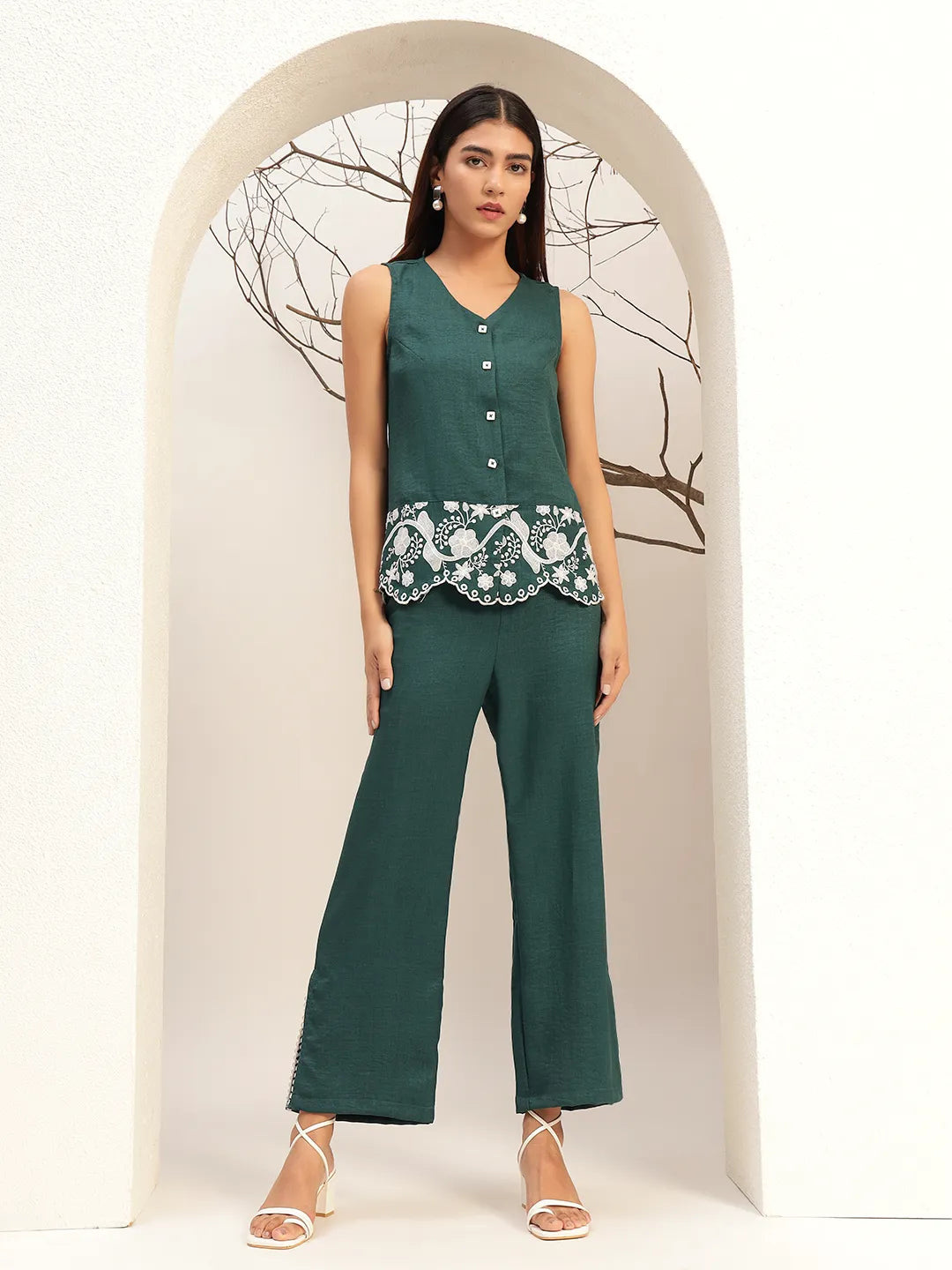 Embroidered V-Neck Casual Tunic With Trouser Co-Ords