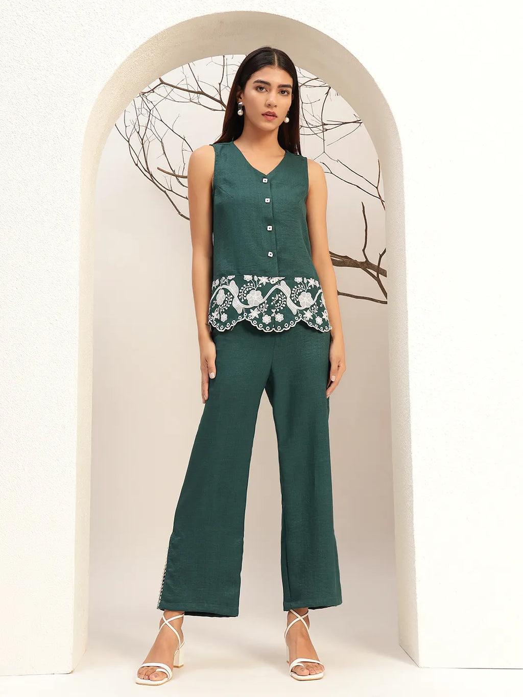 Embroidered V-Neck Casual Tunic With Trouser Co-Ords