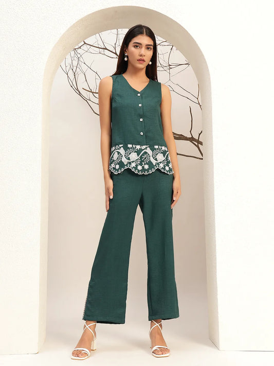 Embroidered V-Neck Casual Tunic With Trouser Co-Ords