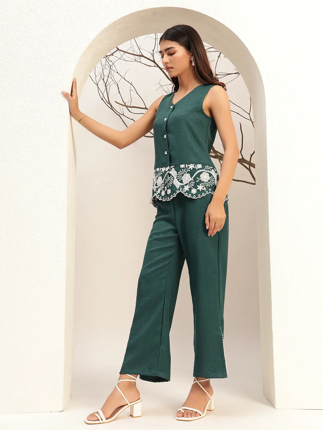 Embroidered V-Neck Casual Tunic With Trouser Co-Ords