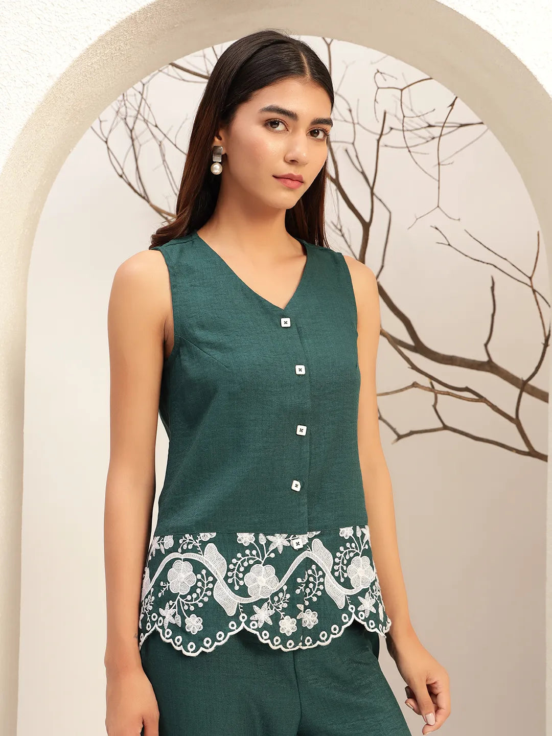 Embroidered V-Neck Casual Tunic With Trouser Co-Ords