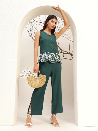 Embroidered V-Neck Casual Tunic With Trouser Co-Ords