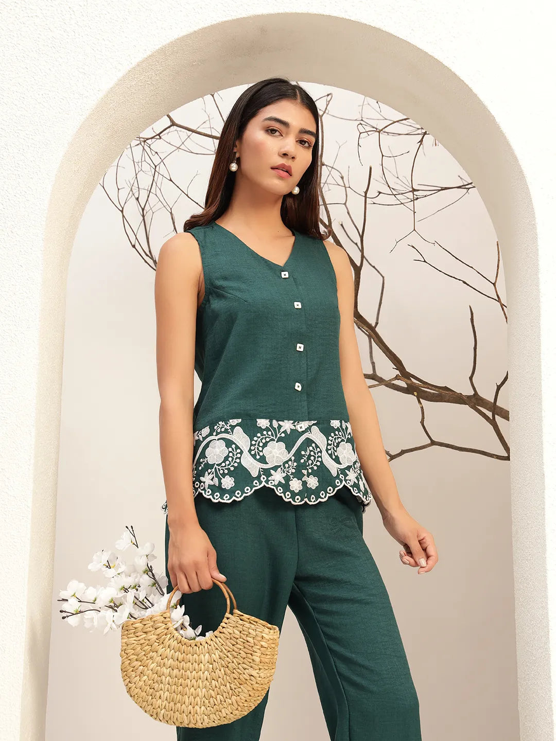 Embroidered V-Neck Casual Tunic With Trouser Co-Ords
