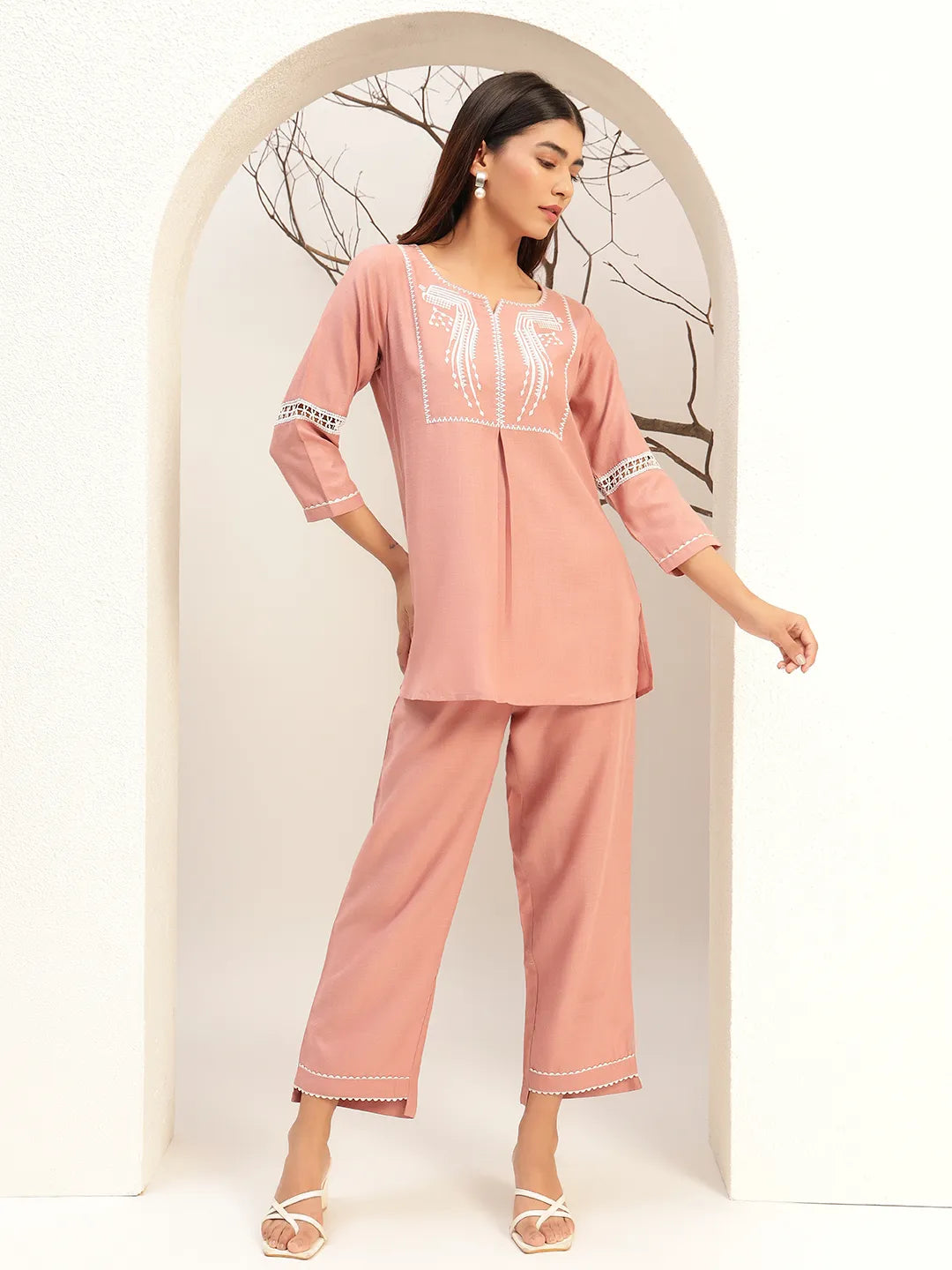 Pink Color With Embroidery Round Neck Casual Tunic With Trouser Co-Ords Set