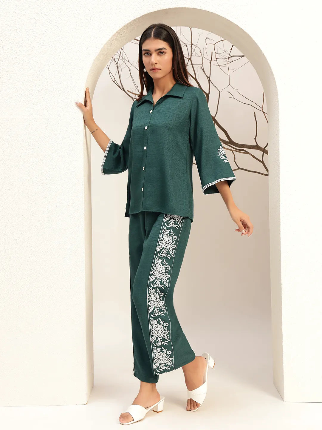 Lace Detailed Shirt Collar Shirt With Trouser Co-Ords